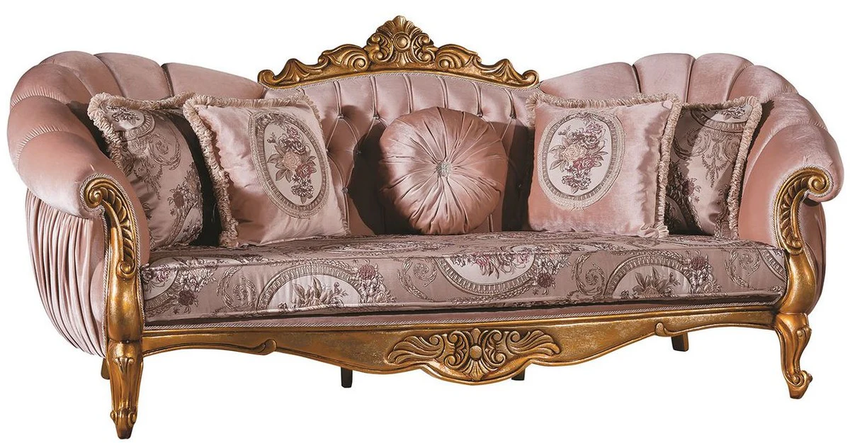 Luxus Barock Wohnzimmer Set Rosa / Gold - 2 Sofas & 2 Sessel & 1 Couchtisch - Wohnzimmer Möbel - Edel & Prunkvoll