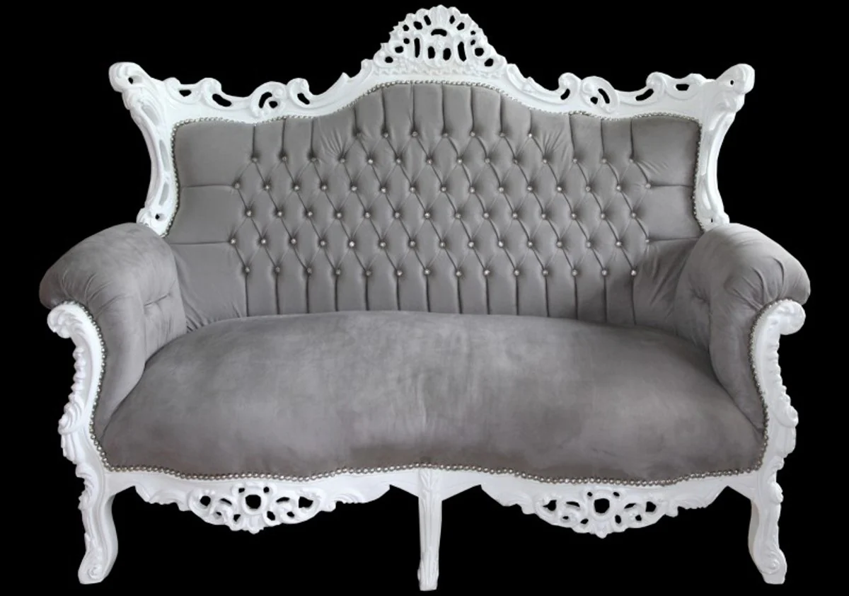 Barock 2-er Sofa Master Grau / Weiß mit Bling Bling Glitzersteinen - Antik Stil Wohnzimmer Möbel - Limited Edition