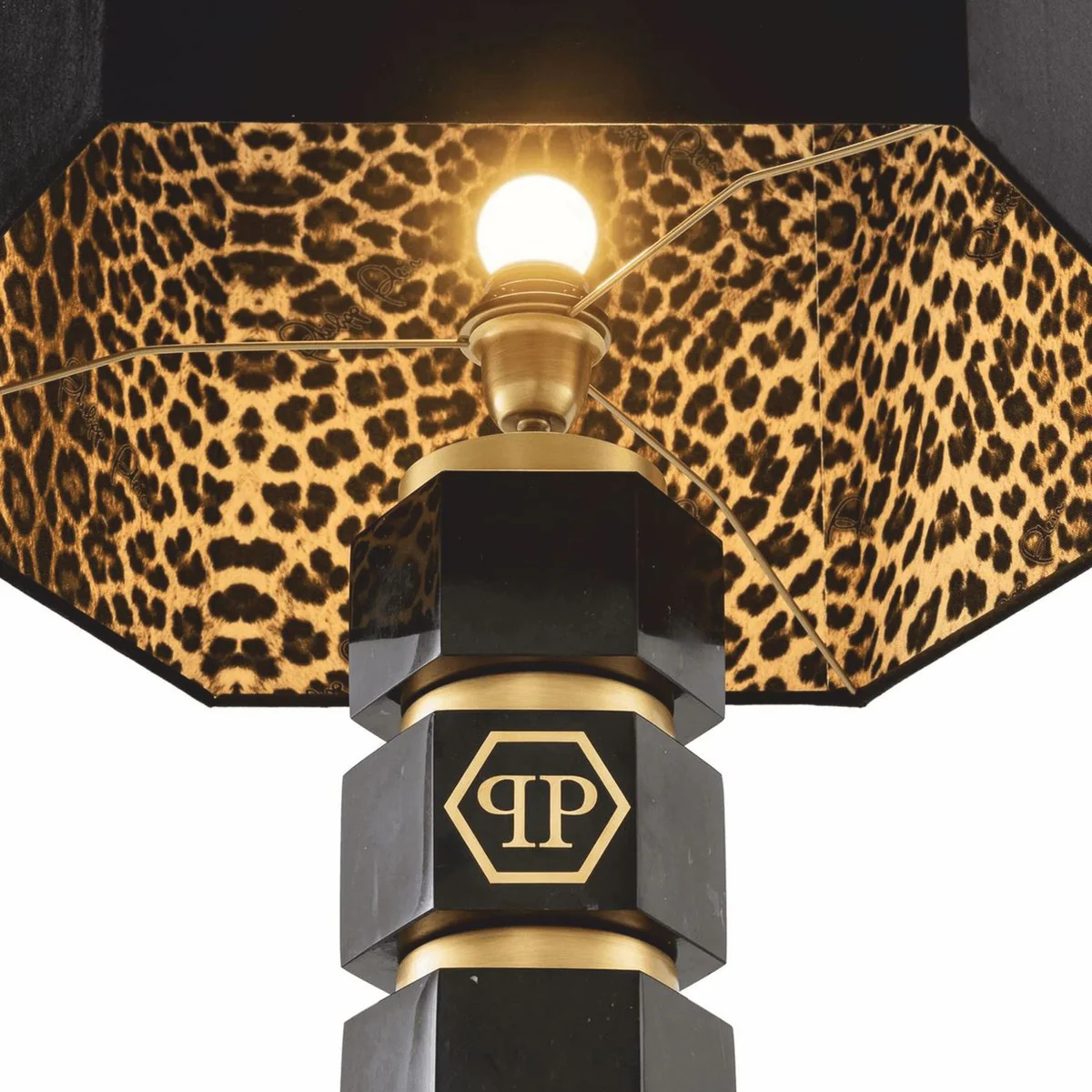 Philipp Plein Luxus Marmor Tischleuchte H. 76 cm Schwarz / Messing / Leopard - Luxus Qualität