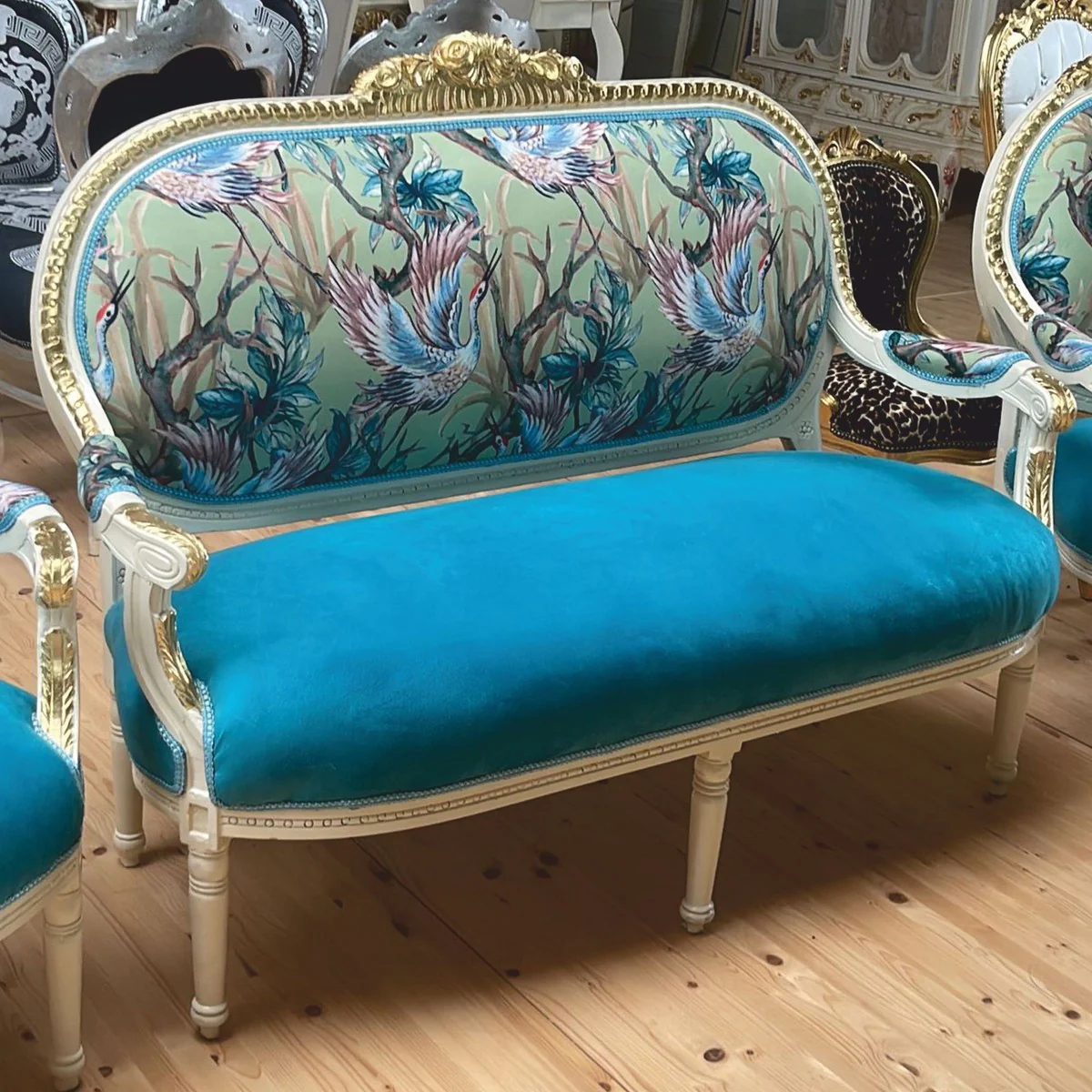 Barock 2er Sofa Blau / Bunt / Weiß / Gold 150 cm - Barock Möbel