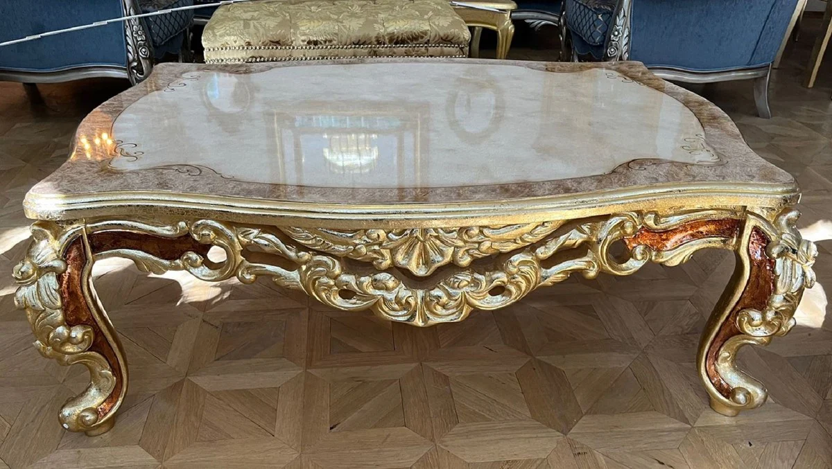 Luxus Barock Couchtisch Weiß / Grau / Gold / Braun - Prunkvoller Massivholz Wohnzimmertisch im Barockstil - Prunkvolle Barock Möbel