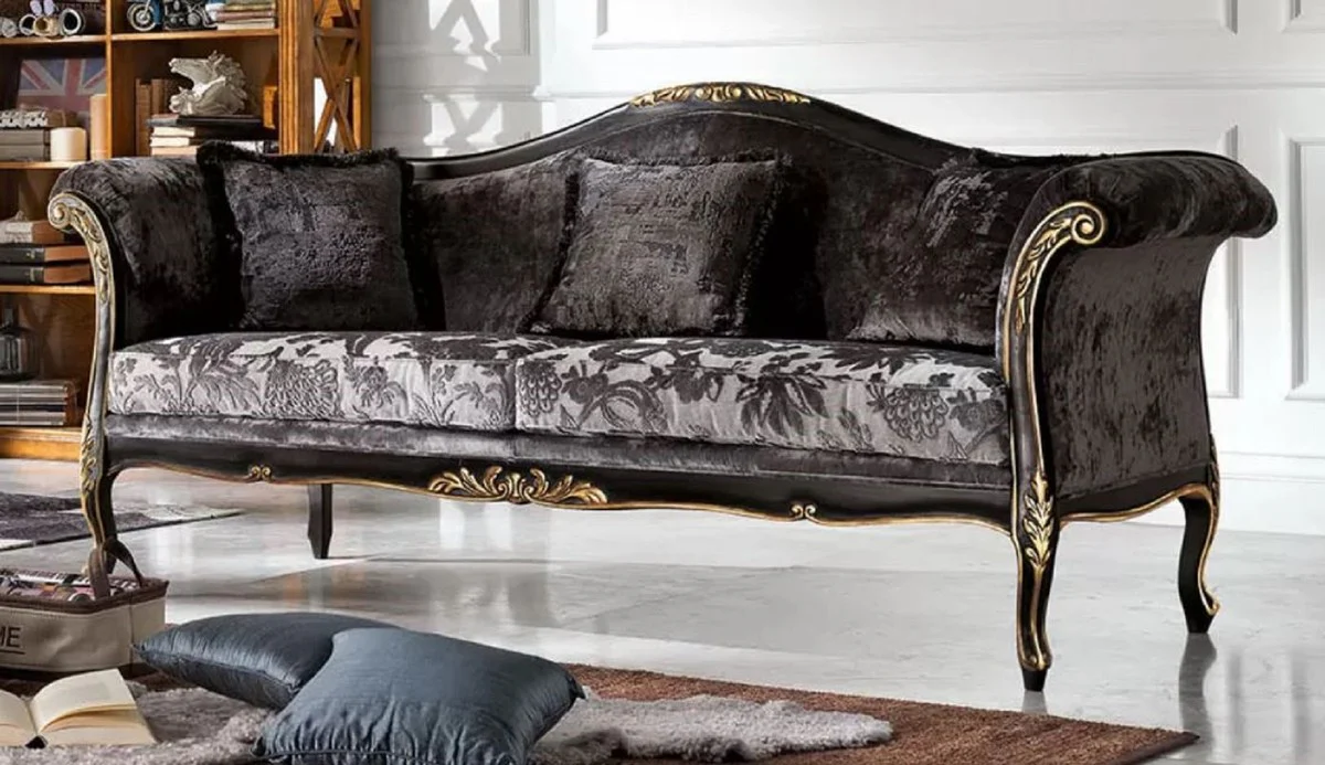 Luxus Barock Sofa Grau / Schwarz / Gold - Edles Wohnzimmer Sofa mit elegantem Muster - Barock Möbel - Luxus Qualität - Made in Italy