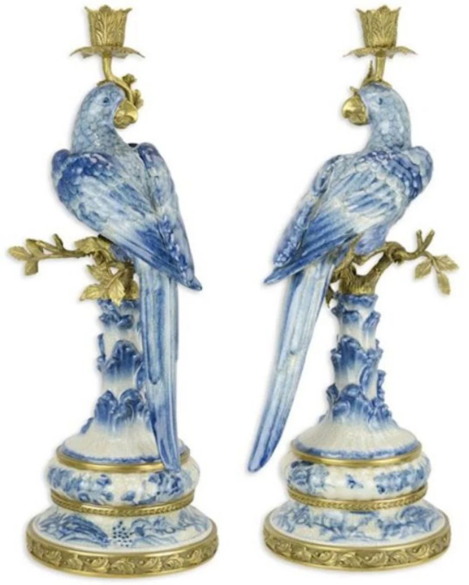Jugendstil Kerzenhalter Set Papageien Blau / Weiß / Gold 22,1 x 18,6 x H. 49,4 cm - Porzellan Kerzenständer - Hotel & Restaurant Accessoires - Barock & Jugendstil Deko Accessoires