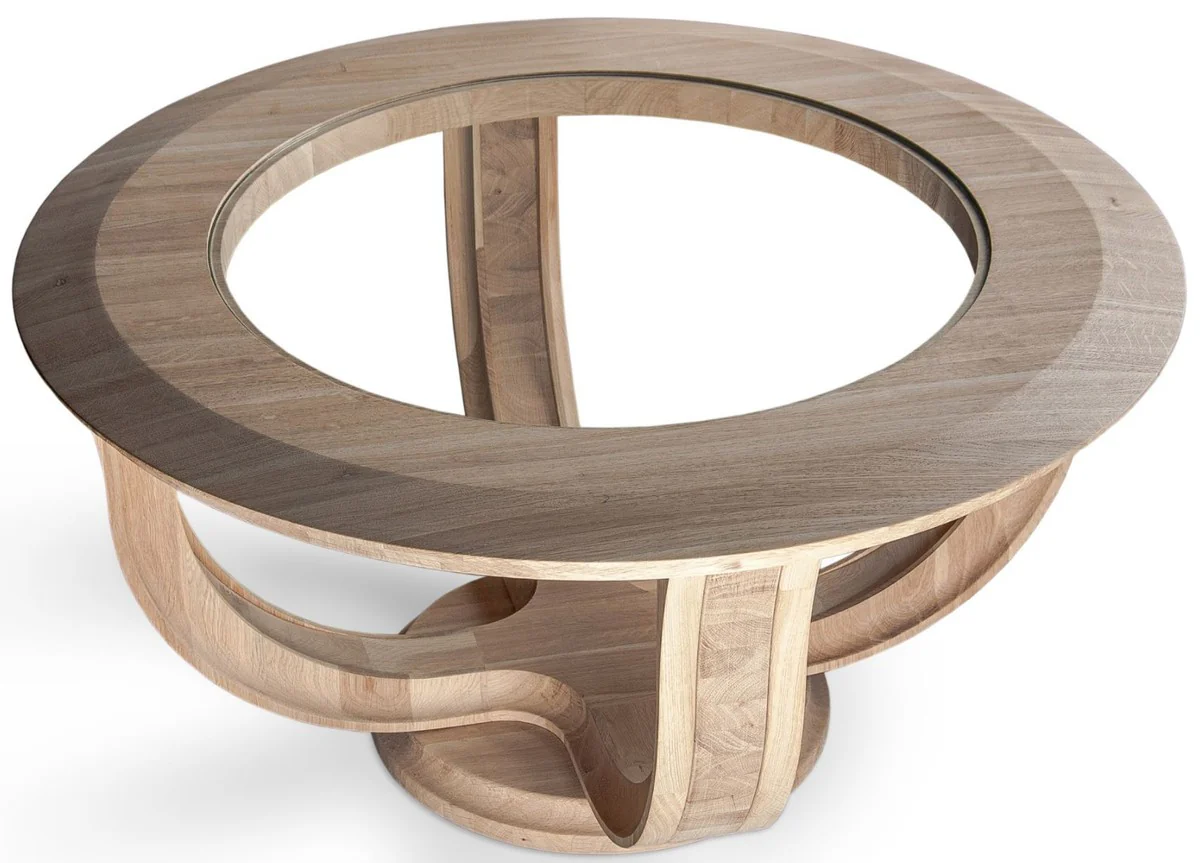 Luxus Massivholz Couchtisch Naturfarben Ø 73 x H. 43 cm - Runder Eichenholz Wohnzimmertisch mit Glasplatte - Massivholz Wohnzimmer Möbel