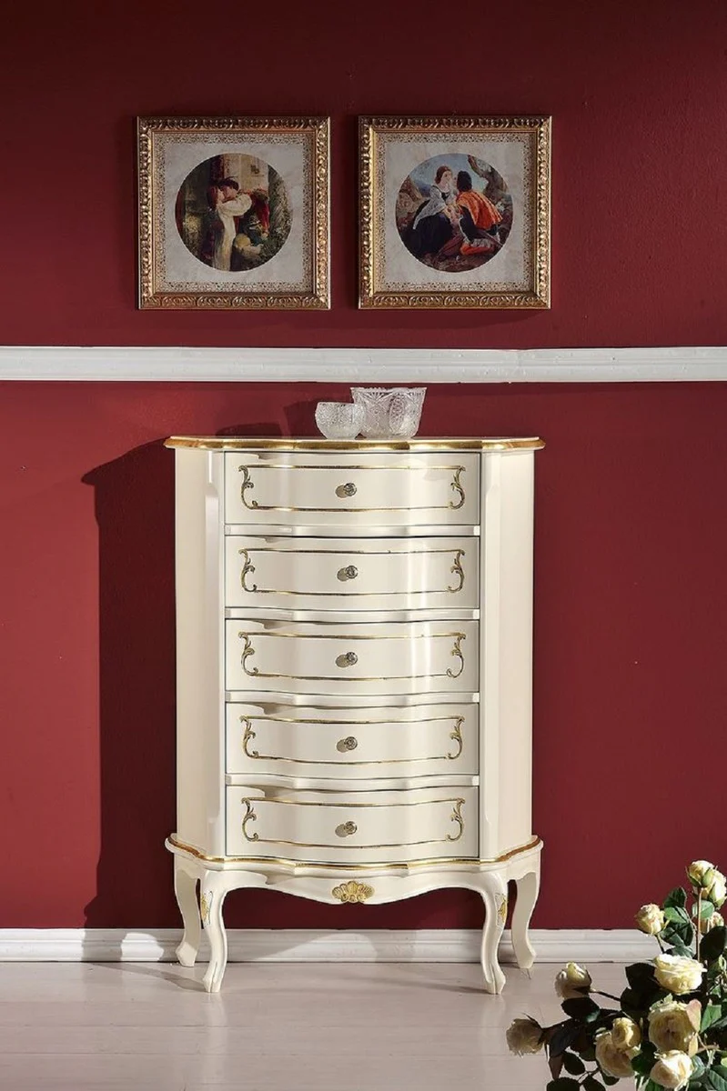 Luxus Barock Kommode Creme / Gold - Handgefertigte Barockstil Massivholz Kommode mit 5 Schubladen - Handgefertigte italienische Barock Möbel - Luxus Qualität - Made in Italy
