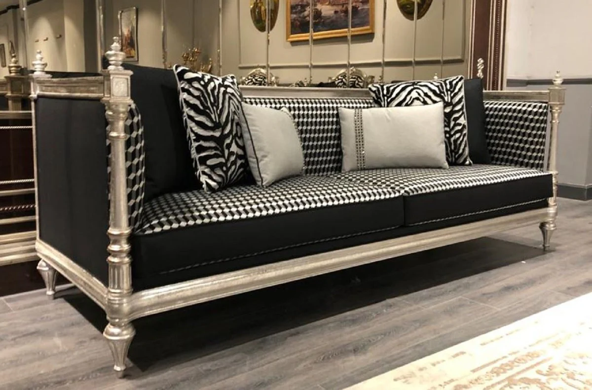 Luxus Barock Sofa Schwarz / Silber / Antik Silber - Wohnzimmer Sofa mit elegantem Muster - Edel & Prunkvoll