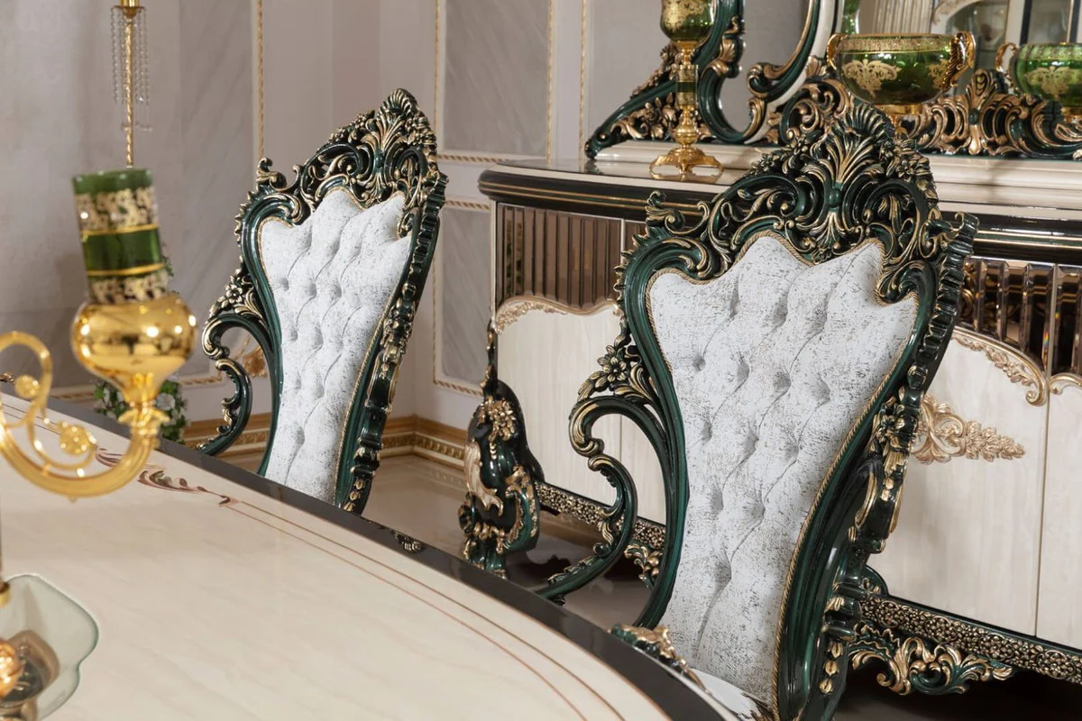 Luxus Barock Esszimmer Set Weiß / Grün / Gold - 1 Barock Esstisch & 6 Barock Esszimmerstühle - Barock Esszimmer Möbel - Luxus Möbel im Barockstil - Edel & Prunkvoll - Luxus Qualität