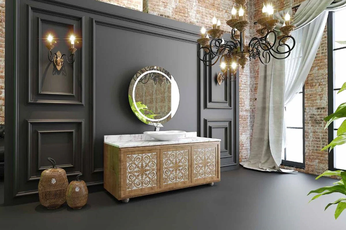 Luxus Badezimmer Set Naturfarben / Weiß - 1 Waschtisch mit 3 Türen und 1 Waschbecken und 1 Wandspiegel - Badezimmermöbel - Luxus Qualität