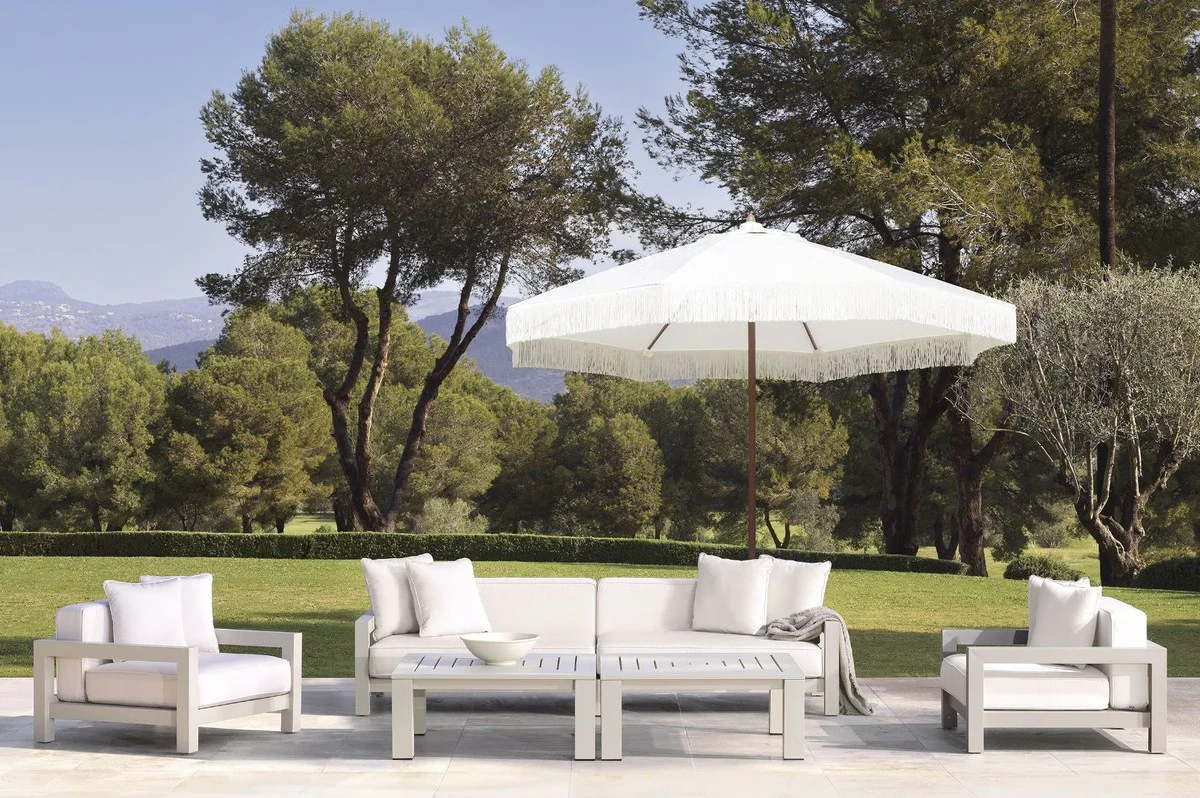 Luxus Gartensofa Weiß / Sandfarben 273,5 x 100 x H. 72 cm - Wetterbeständiges Garten Terrassen Sofa mit Kissen - Hotel Möbel - Luxus Qualität