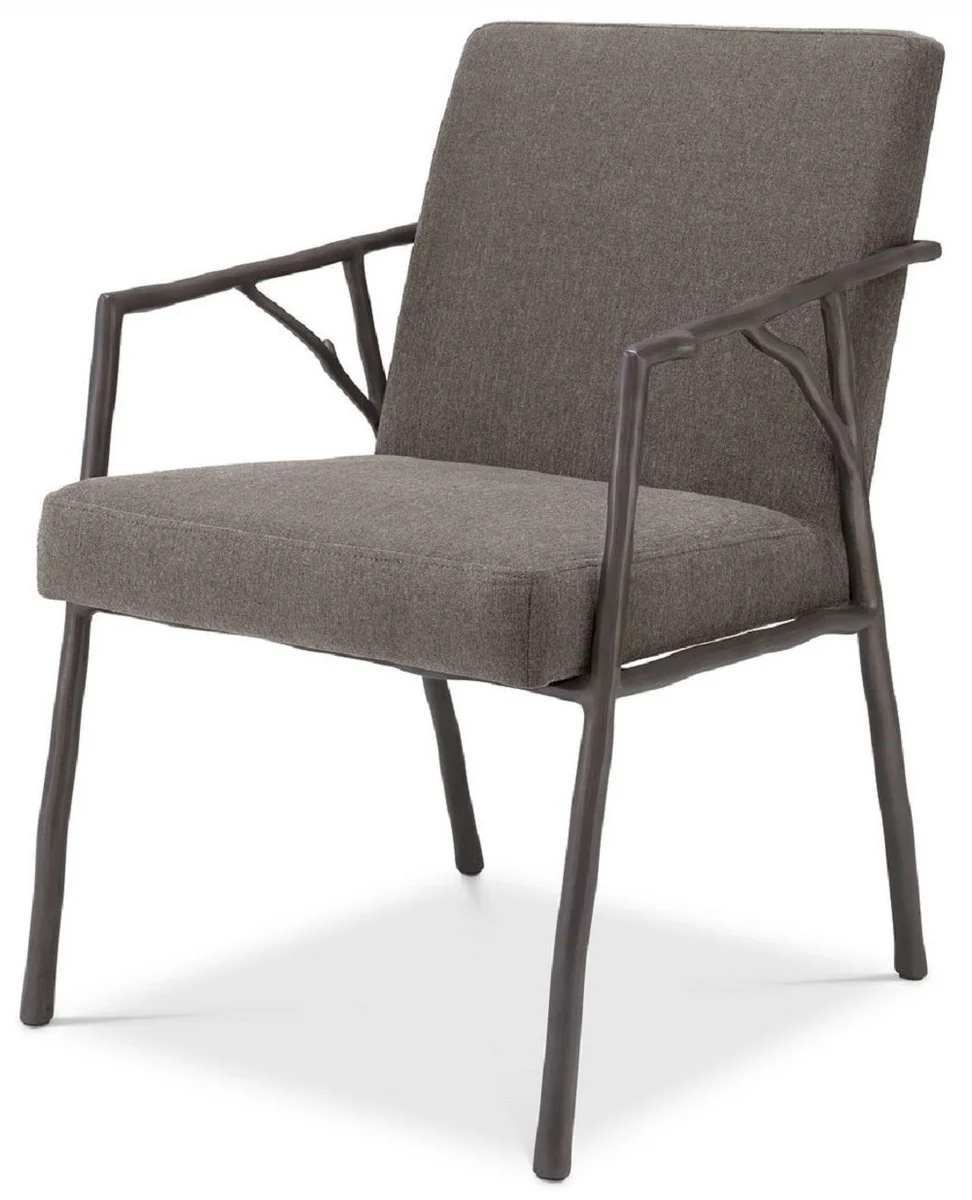 Luxus Esszimmerstuhl Graubraun / Bronze 56 x 61 x H. 83 cm - Edler Küchenstuhl mit Armlehnen - Luxus Esszimmer Möbel