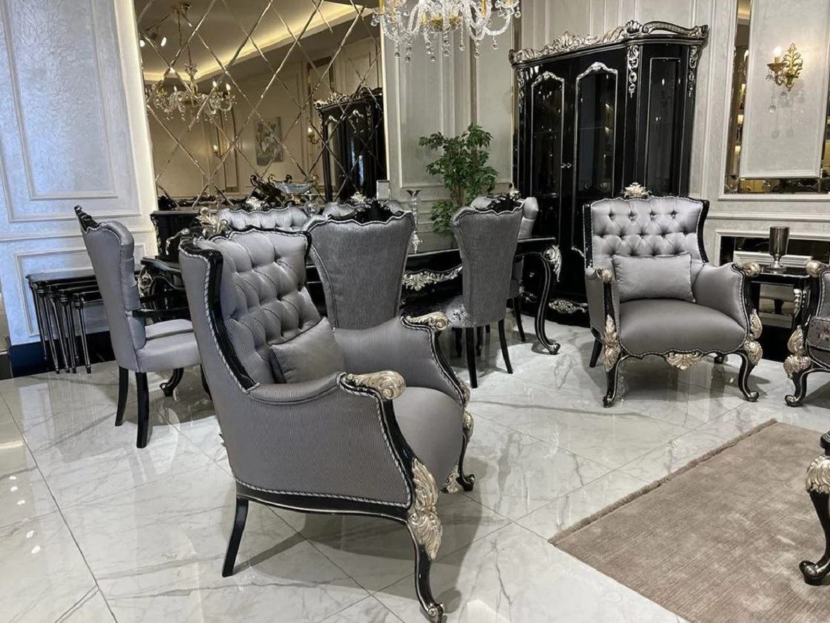 Luxus Barock Vitrine Schwarz / Silber - Prunkvoller Massivholz Vitrinenschrank mit 2 Glastüren - Handgefertigte Barock Möbel - Edel & Prunkvoll