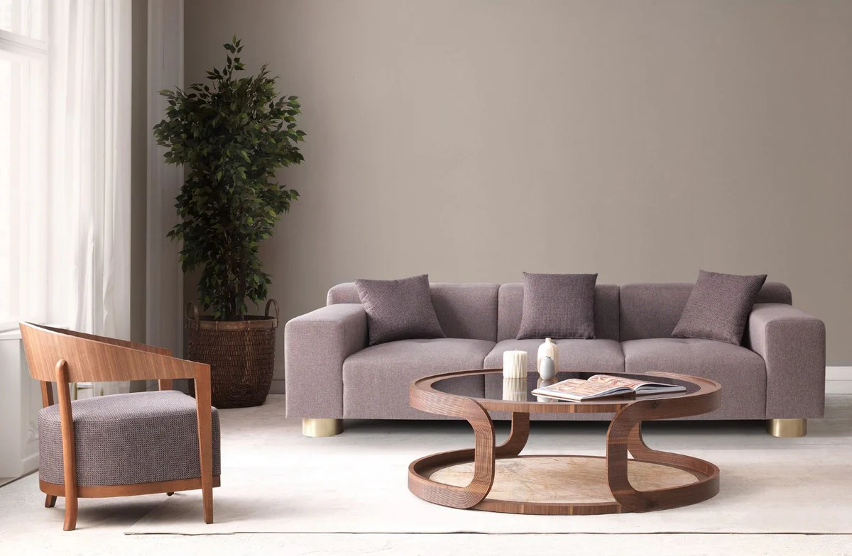 Luxus Couchtisch Braun / Beige Ø 120 x H. 40 cm - Runder Massivholz Wohnzimmertisch mit Glasplatte und Marmorplatte - Wohnzimmer Möbel - Hotel Möbel - Luxus Möbel - Luxus Einrichtung