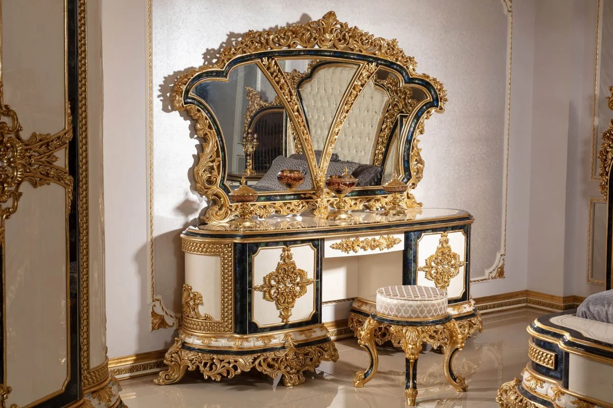 Luxus Barock Schlafzimmer Set Weiß / Blau / Gold - 1 Barock Schminkkommode mit 5 Schubladen & 1 Barock Spiegel & 1 Barock Hocker - Barock Schlafzimmer Möbel - Edel & Prunkvoll