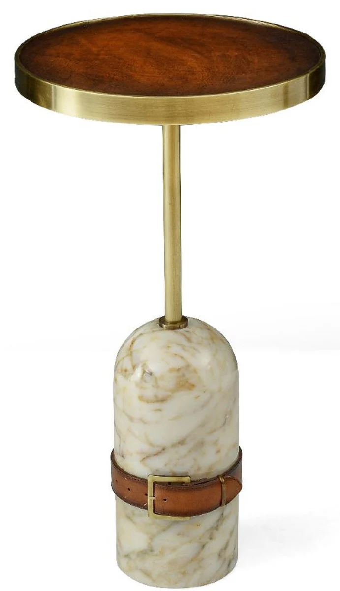 Luxus Beistelltisch Braun / Messing / Creme Ø 33,5 x H. 61 cm - Runder Tisch mit Marmorfuß - Wohnzimmer Möbel - Luxus Möbel