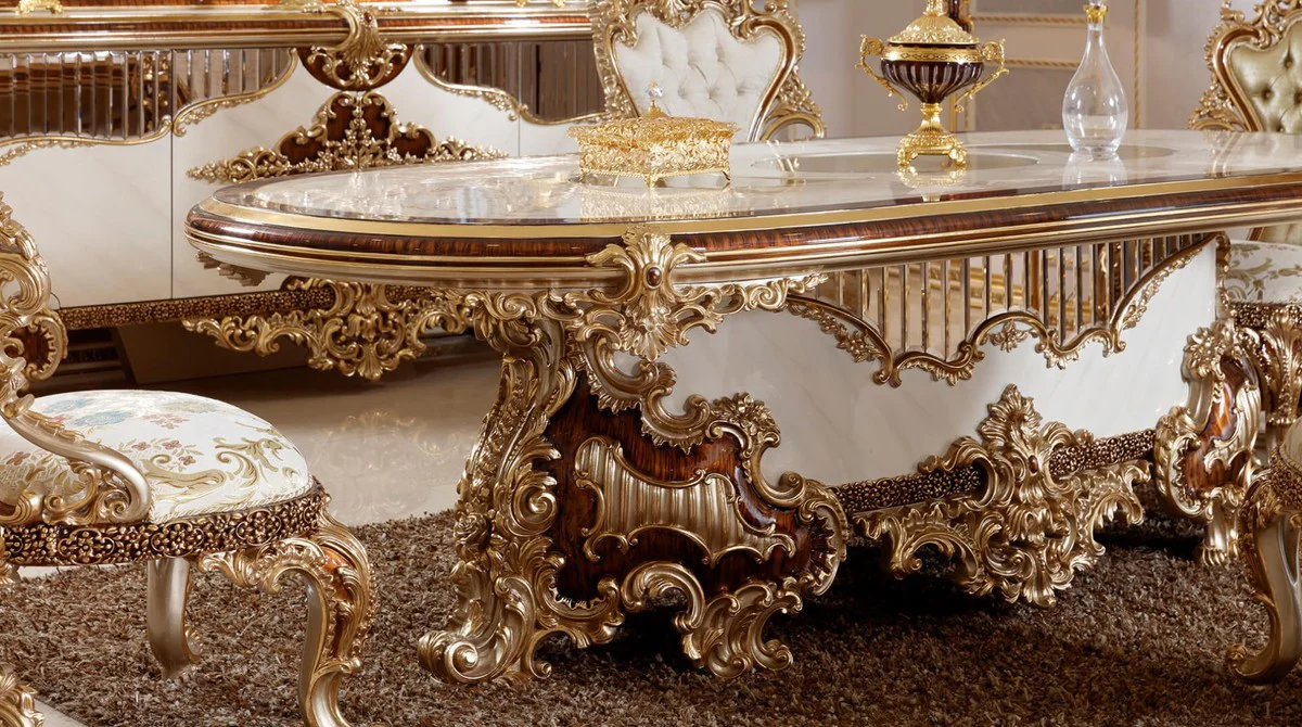 Luxus Barock Esszimmer Set Weiß / Braun / Gold - 1 Barock Esstisch & 6 Barock Esszimmerstühle - Barock Esszimmer Möbel - Luxus Möbel im Barockstil - Edel & Prunkvoll - Luxus Qualität