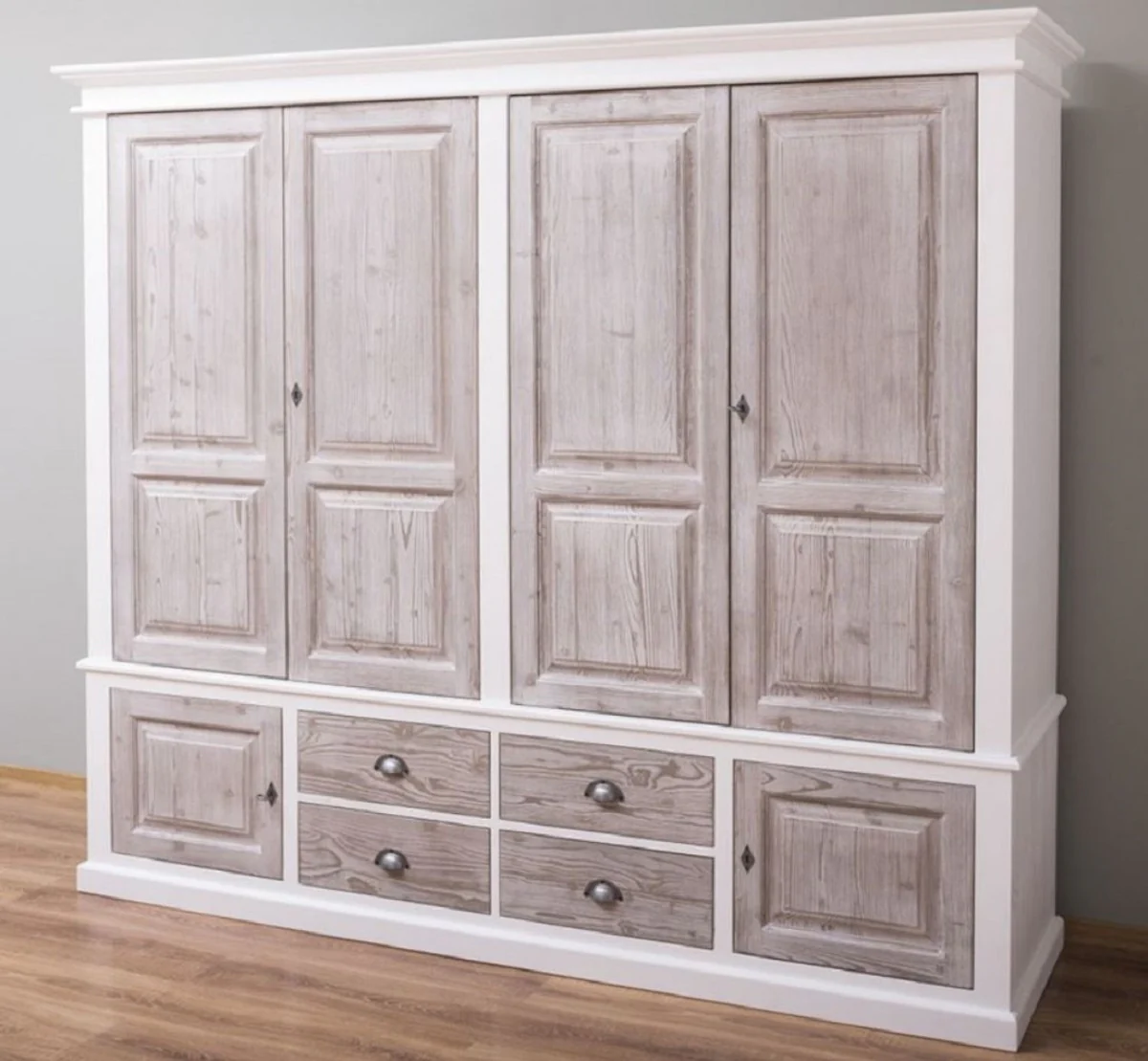 Landhausstil Schlafzimmerschrank Weiß / Naturfarben 232 x 59 x H. 197 cm - Massivholz Kleiderschrank mit 6 Türen und 4 Schubladen - Massivholz Schlafzimmer Möbel im Landhausstil