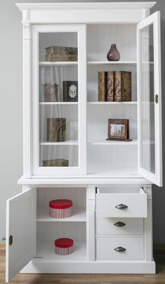 Landhausstil Massivholz Schrank mit 3 Türen und 3 Schubladen Weiß 120 x 51 x H. 228 cm - Wohnzimmerschrank - Landhausstil Möbel