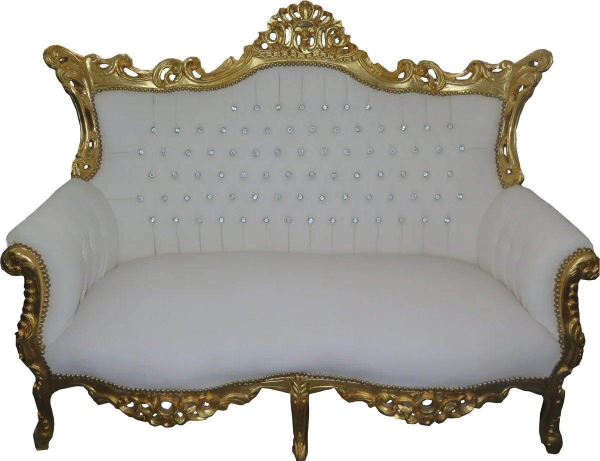 Barock 2-er Sofa Master Weiß Lederoptik / Gold mit Bling Bling Glitzersteinen - Antik Stil Möbel - Limied Edition