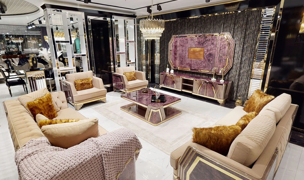 Luxus Art Deco Chesterfield Sofa Beige / Lila / Grau / Gold - Edles Wohnzimmer Sofa mit Marmoroptik - Luxus Art Deco Wohnzimmer & Hotel Möbel