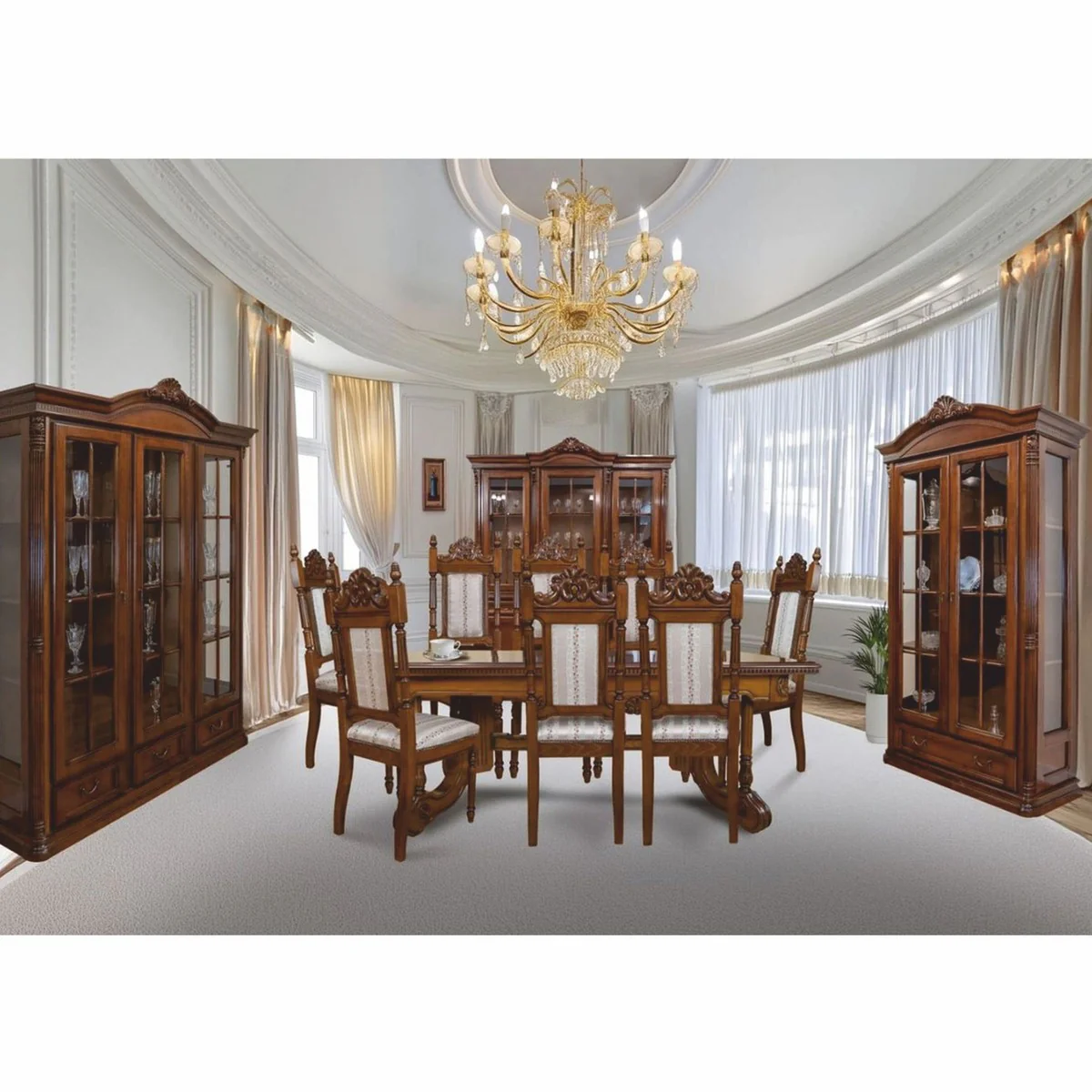 Luxus Barock Esszimmer Set Braun / Silber - 1 Ausziehbarer Esstisch & 8 Stühle