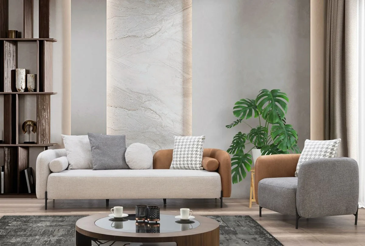 Luxus Sofa Hellgrau / Braun / Schwarz 255 x 90 x H. 70 cm - Wohnzimmer Sofa - Wohnzimmer Möbel - Luxus Möbel - Luxus Einrichtung