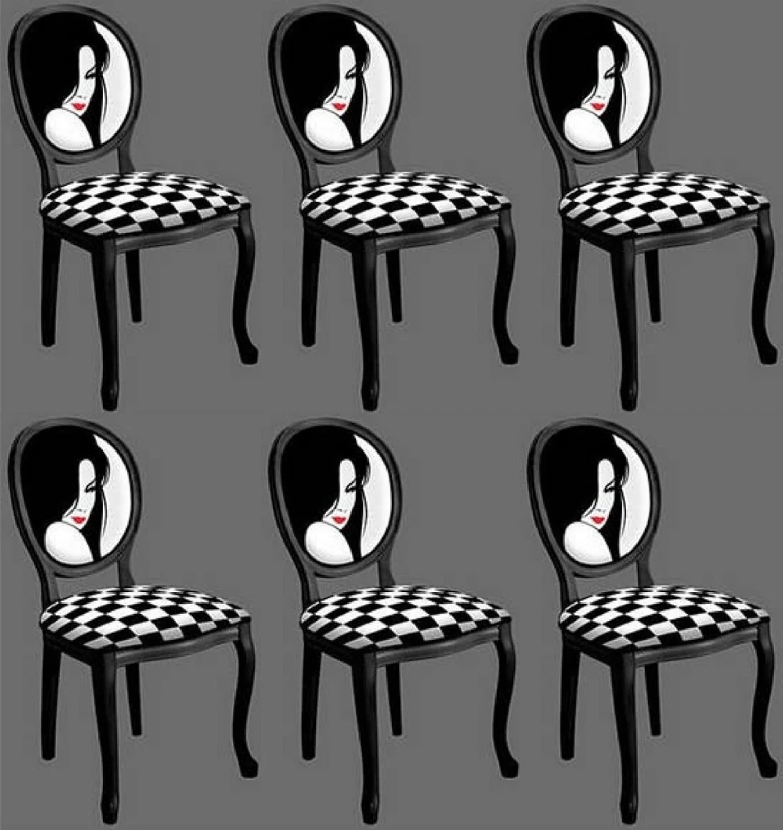 Barock Esszimmerstuhl Set Schwarz / Weiß / Rot - 6 Handgefertigte Küchen Stühle im Barockstil - Barock Esszimmer Möbel