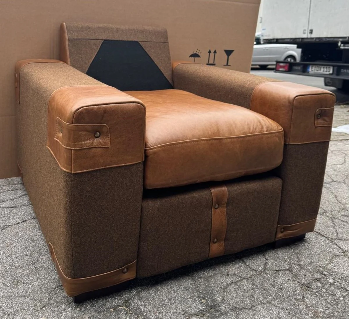 Luxus Leder Sessel Braun / Grau / Schwarz - Wohnzimmer Möbel