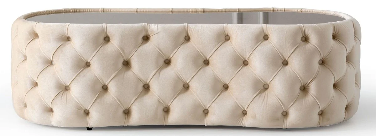 Luxus Chesterfield Couchtisch Creme 140 x 80 x H. 45 cm - Wohnzimmertisch mit Glasplatte - Wohnzimmer Möbel - Chesterfield Möbel - Luxus Möbel - Luxus Einrichtung