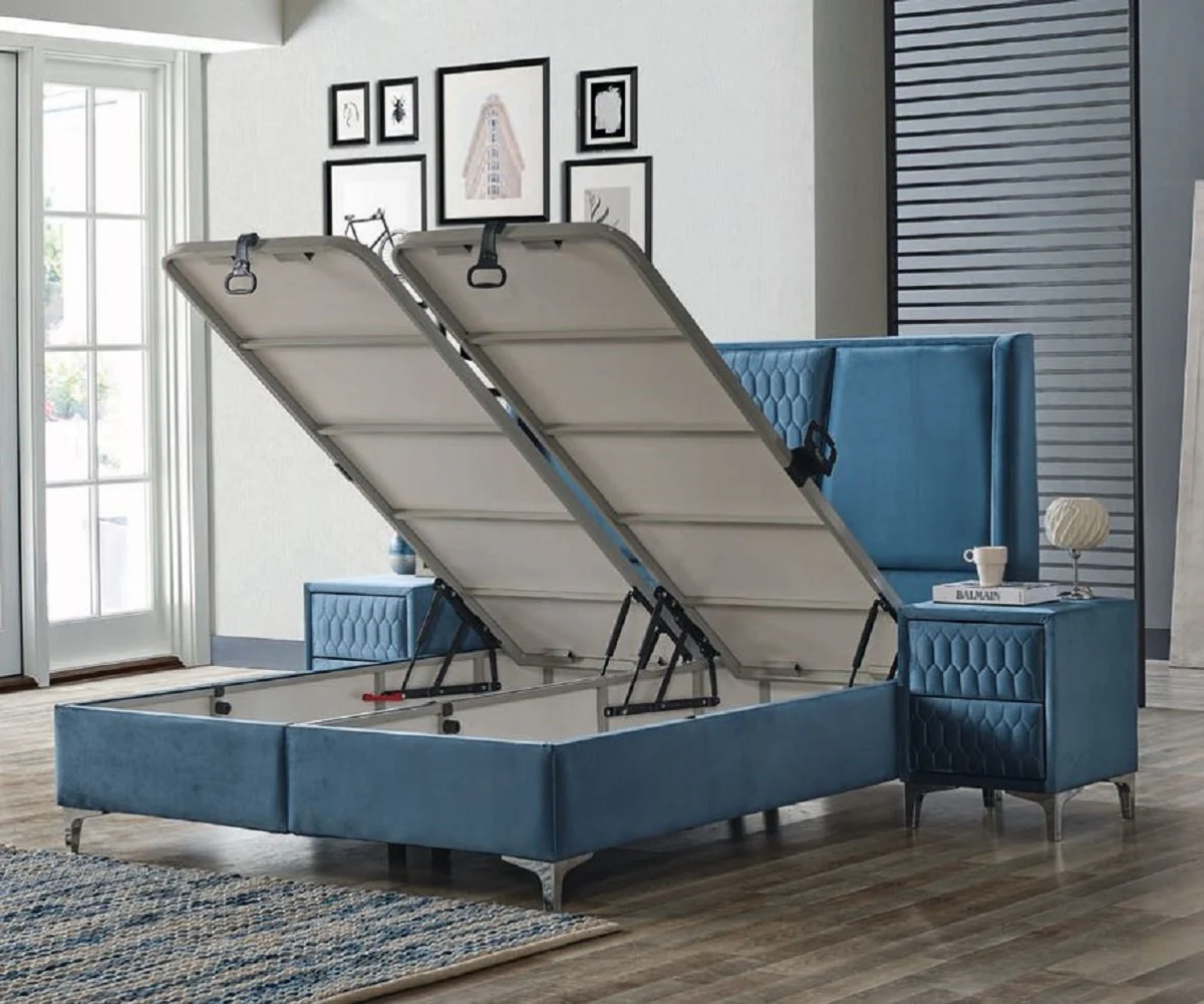 Luxus Doppelbett Blau / Weiß / Silber 180 x 200 cm - Massivholz Bett mit Kopfteil und Matratze - Schlafzimmer Möbel - Hotel Möbel - Luxus Möbel - Luxus Einrichtung