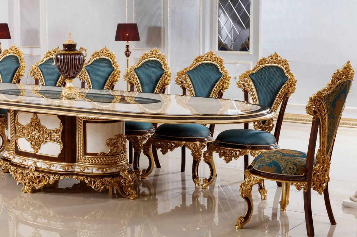 Luxus Barock Esszimmer Set Weiß / Braun / Blau / Gold - 1 Barock Esstisch & 22 Barock Esszimmerstühle - Hotel Möbel - Schloss Möbel - Palast Möbel - Luxus Möbel im Barockstil