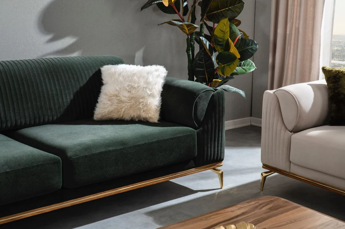 Luxus Art Deco Sofa Grün / Braun / Gold 230 x 100 x H. 92 cm - Edles Wohnzimmer Sofa mit dekorativen Kissen - Luxus Art Deco Möbel