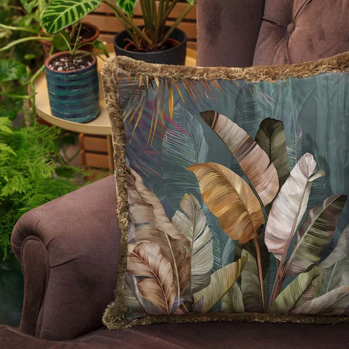 Luxus Deko Kissen Sträucher Mehrfarbig / Braun 45 x 45 cm - Bedrucktes Samt Kissen mit Fransen - Luxus Deko Accessoires