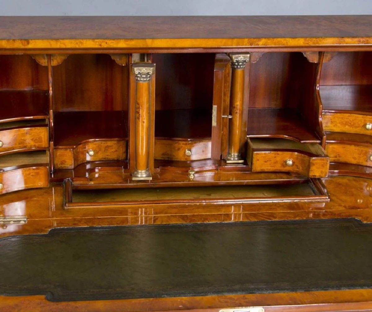 Luxus Jugendstil Schreibkommode mit 18 Schubladen Hellbraun / Braun / Grün / Silber - Prunkvolle Massivholz Kommode - Luxus Möbel im Barockstil - Barock Büro Möbel - Edel & Prunkvoll