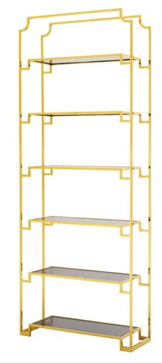 Luxus Regal Schrank Edelstahl Gold mit Rauchglas B 90 x H 230 cm Bücherregal Regal Schrank - Art Deco Möbel