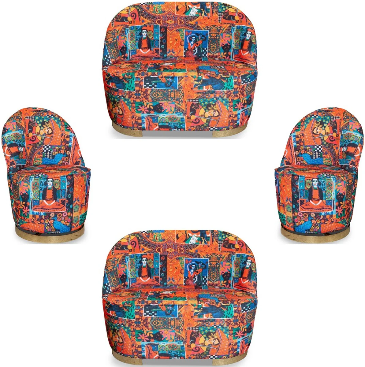 Designer Art Deco Wohnzimmer Set Mehrfarbig / Gold - 2 Sofas & 2 Drehsessel - Wohnzimmer Möbel - Art Deco Möbel