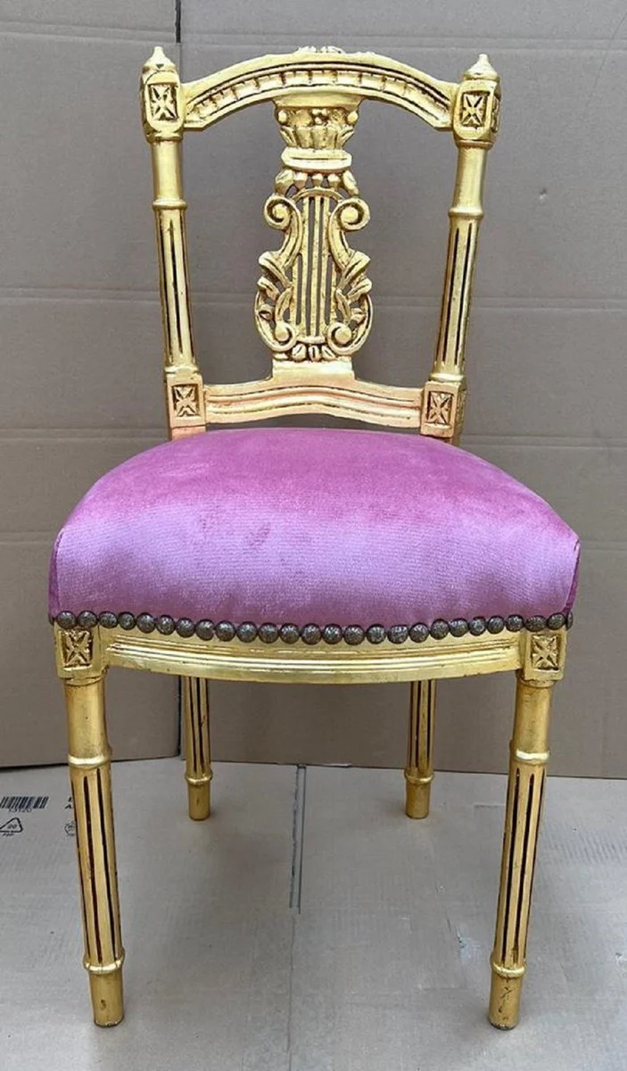 Barock Damen Stuhl Rosa / Gold - Handgefertigter Antik Stil Schminktisch Stuhl - Schlafzimmer Möbel im Barockstil - Barock Möbel