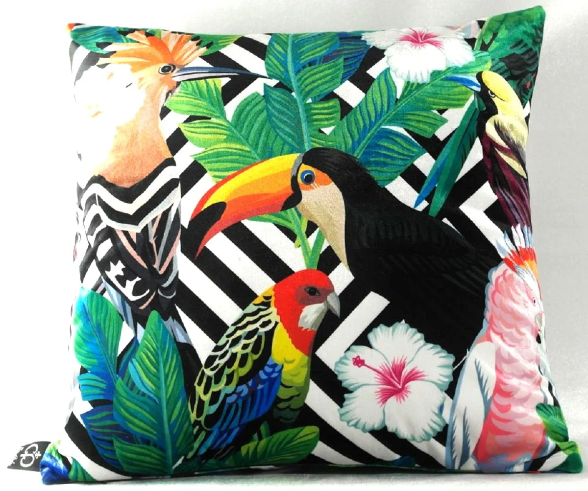 Luxus Kissen Miami Parrots & Flowers Schwarz / Weiß / Mehrfarbig 45 x 45 cm - Feinster Samtstoff - Wohnzimmer Deko Zierkissen