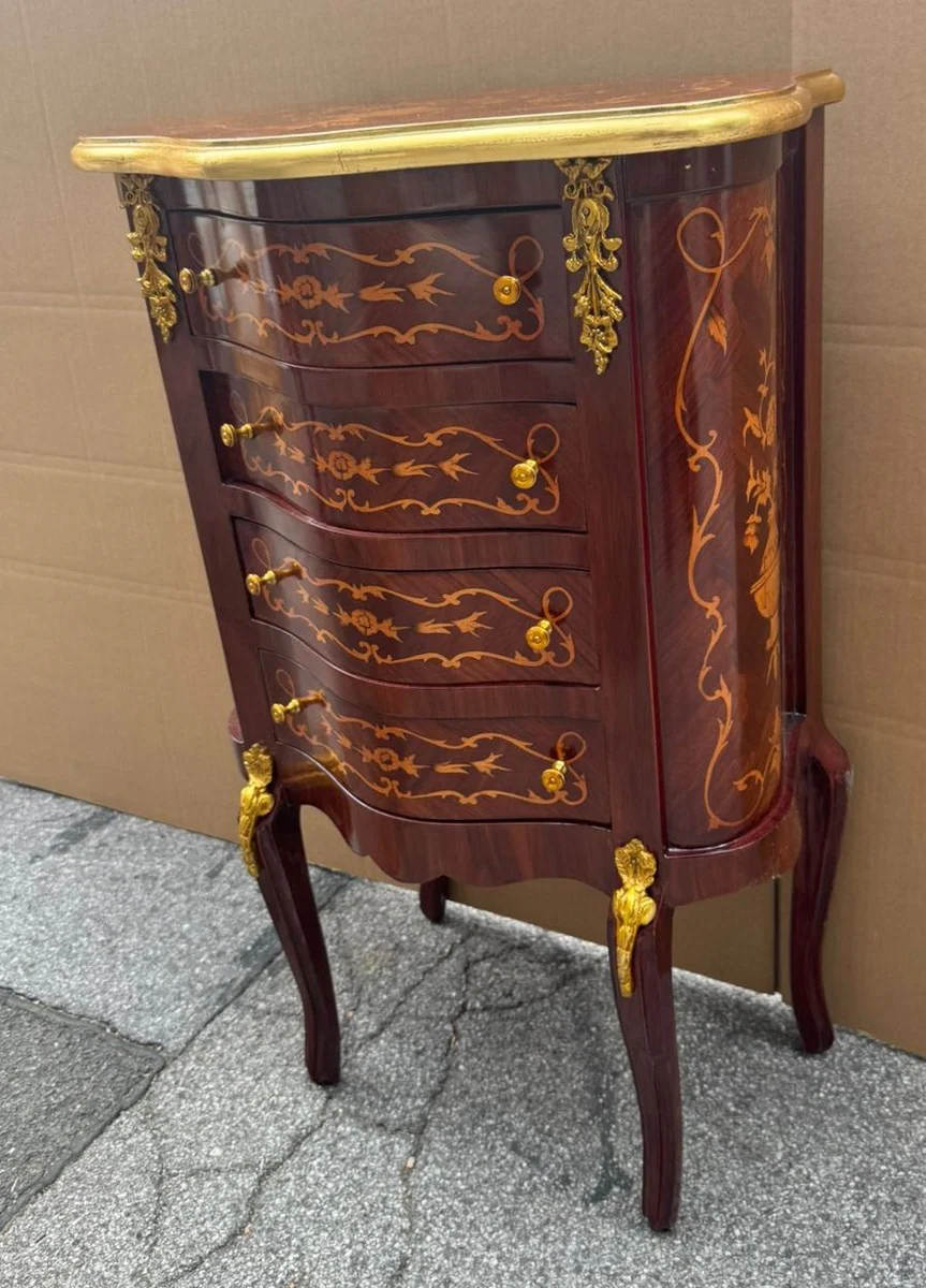Barock Kommode mit 4 Schubladen Braun Intarsien / Gold H. 80 cm