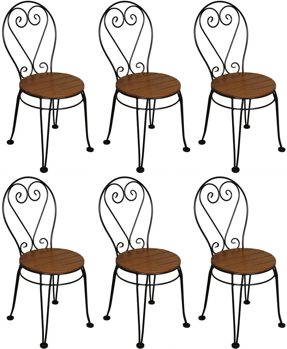 Jugendstil Gartenstuhl 6er Set Braun / Schwarz 40 x 40 x H. 92 cm - Elegante Schmiedeeisen Stühle mit Massivholz Sitzfläche - Nostalgische Garten & Gastronomie Möbel