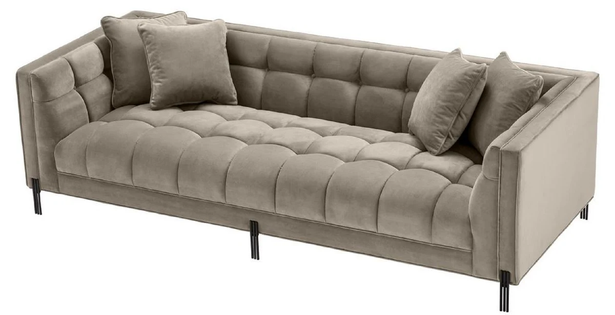 Luxus Samt Sofa mit 4 Kissen Greige / Schwarz 231 x 95 x H. 68 cm - Wohnzimmer Sofa - Luxus Qualität