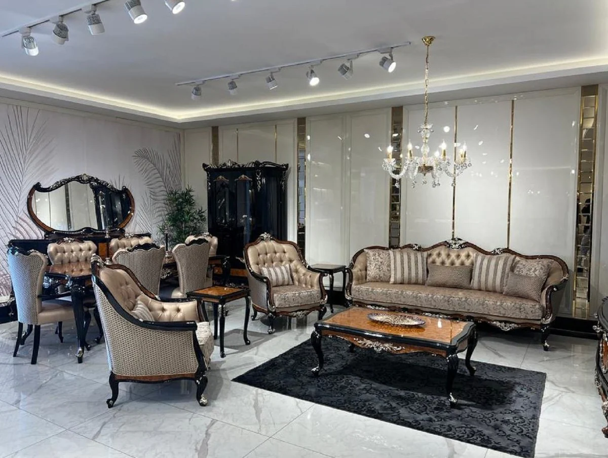 Luxus Barock Couchtisch Braun / Schwarz / Silber - Handgefertigter Massivholz Wohnzimmertisch im Barockstil - Luxus Wohnzimmer Möbel im Barockstil - Barock Möbel - Edel & Prunkvoll