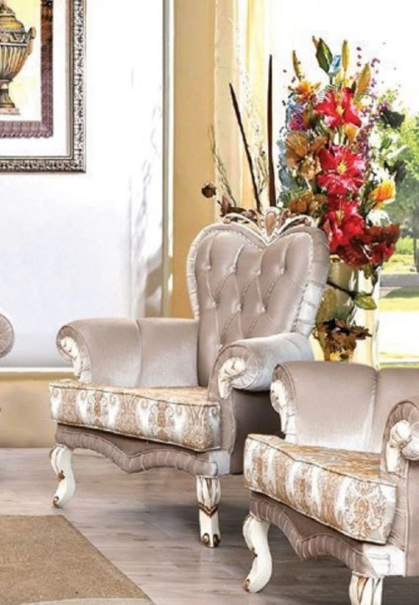 Luxus Barock Wohnzimmer Set Rosa / Weiß / Gold - 2 Sofas mit Muster & 2 Sessel mit Muster & 1 Couchtisch - Prunkvolle Barock Wohnzimmer Möbel