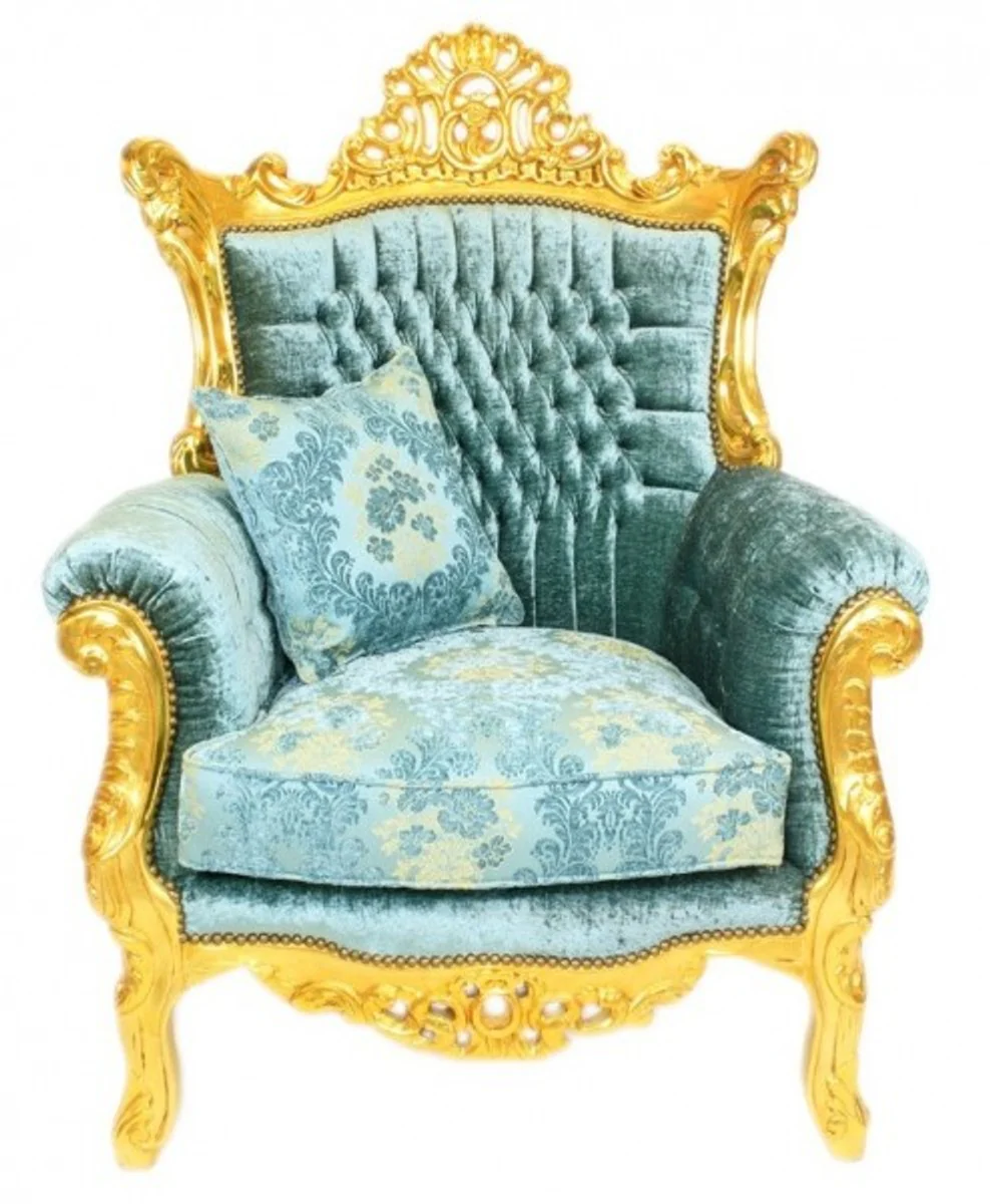 Barock Wohnzimmer Set Master Türkis-Blau Muster Samtstoff / Gold - 2er Sofa + 2 Sessel - Limited Edition!