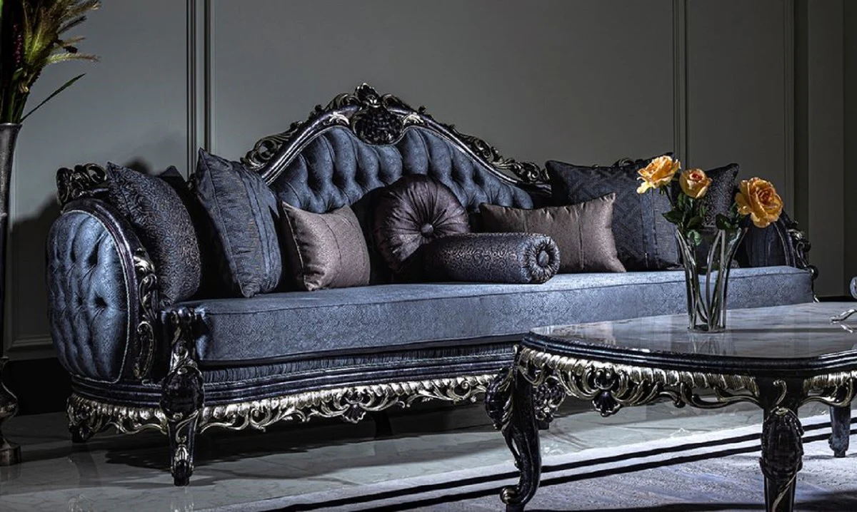 Luxus Barock Sofa Blau / Gold - Handgefertigtes Wohnzimmer Sofa mit elegantem Muster und dekorativen Kissen - Prunkvolle Wohnzimmer Möbel im Barockstil
