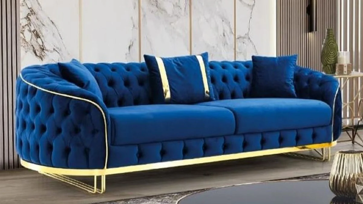 Luxus Chesterfield Sofa Blau / Gold 240 x 95 x H. 72 cm - Modernes Wohnzimmer Sofa - Chesterfield Wohnzimmer Möbel