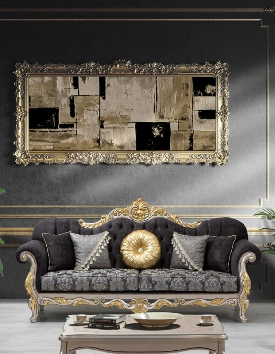 Luxus Barock Wohnzimmer Set Schwarz / Silber / Gold - 2 Sofas & 2 Sessel & 1 Couchtisch - Wohnzimmer Möbel im Barockstil - Edel & Prunkvoll