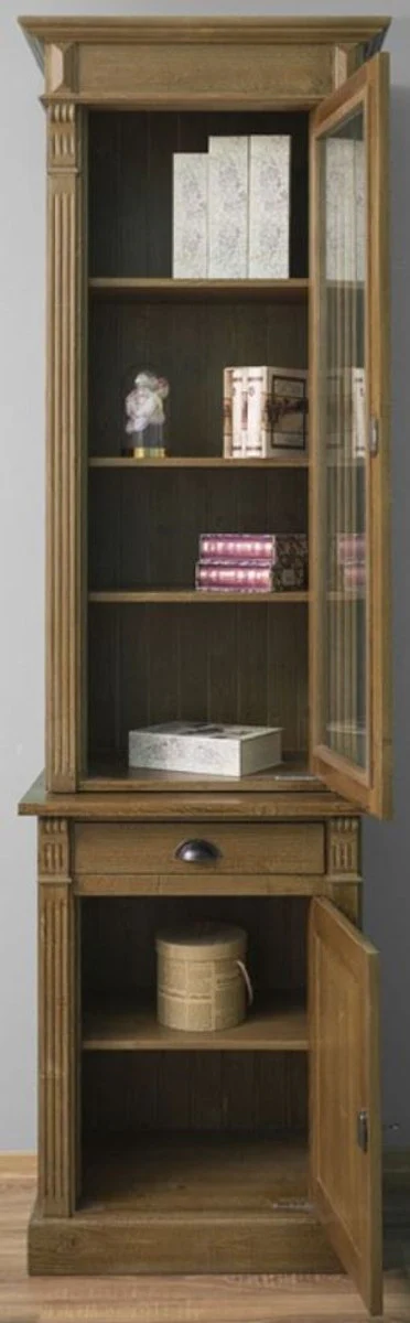 Landhausstil Regalschrank Braun 73 x 51 x H. 240 cm - Massivholz Schrank mit 2 Türen und Schublade - Bücherschrank im Landhausstil
