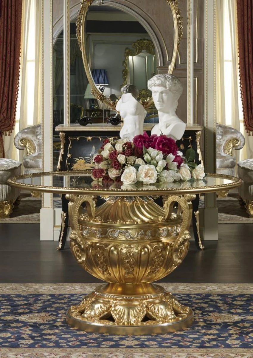 Luxus Barock Esstisch Gold / Silber Ø 120 x H. 78 cm - Prunkvoller handgeschnitzter Esszimmertisch mit Glasplatte - Hotel Restaurant Schloss Möbel - Luxus Qualität - Made in Italy