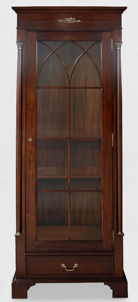 Luxus Vitrine Dunkelbraun 70 x 45 x H. 192 cm - Mahagoni Vitrinenschrank mit Glastür und Schublade - Luxus Mahagoni Wohnzimmer Möbel
