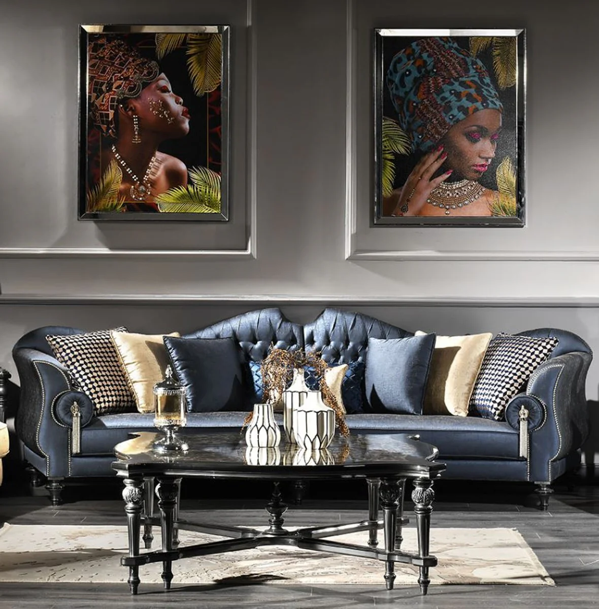 Luxus Barock Couchtisch Schwarz / Beige / Silber 126 x 126 x H. 50 cm - Wohnzimmer Möbel im Barockstil